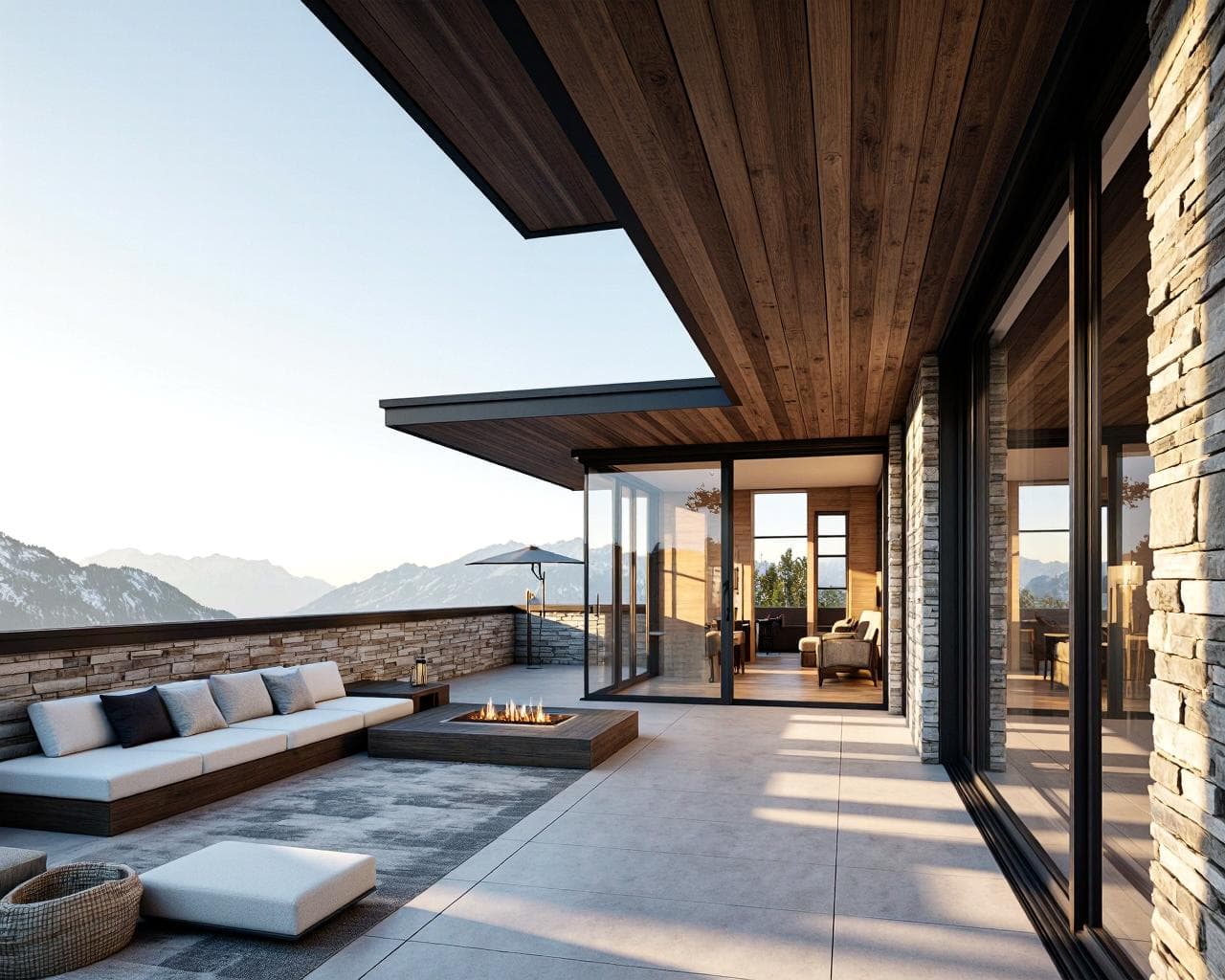 Modern alpine penthouse terrace with glass fronts, natural stone and mountain panorama