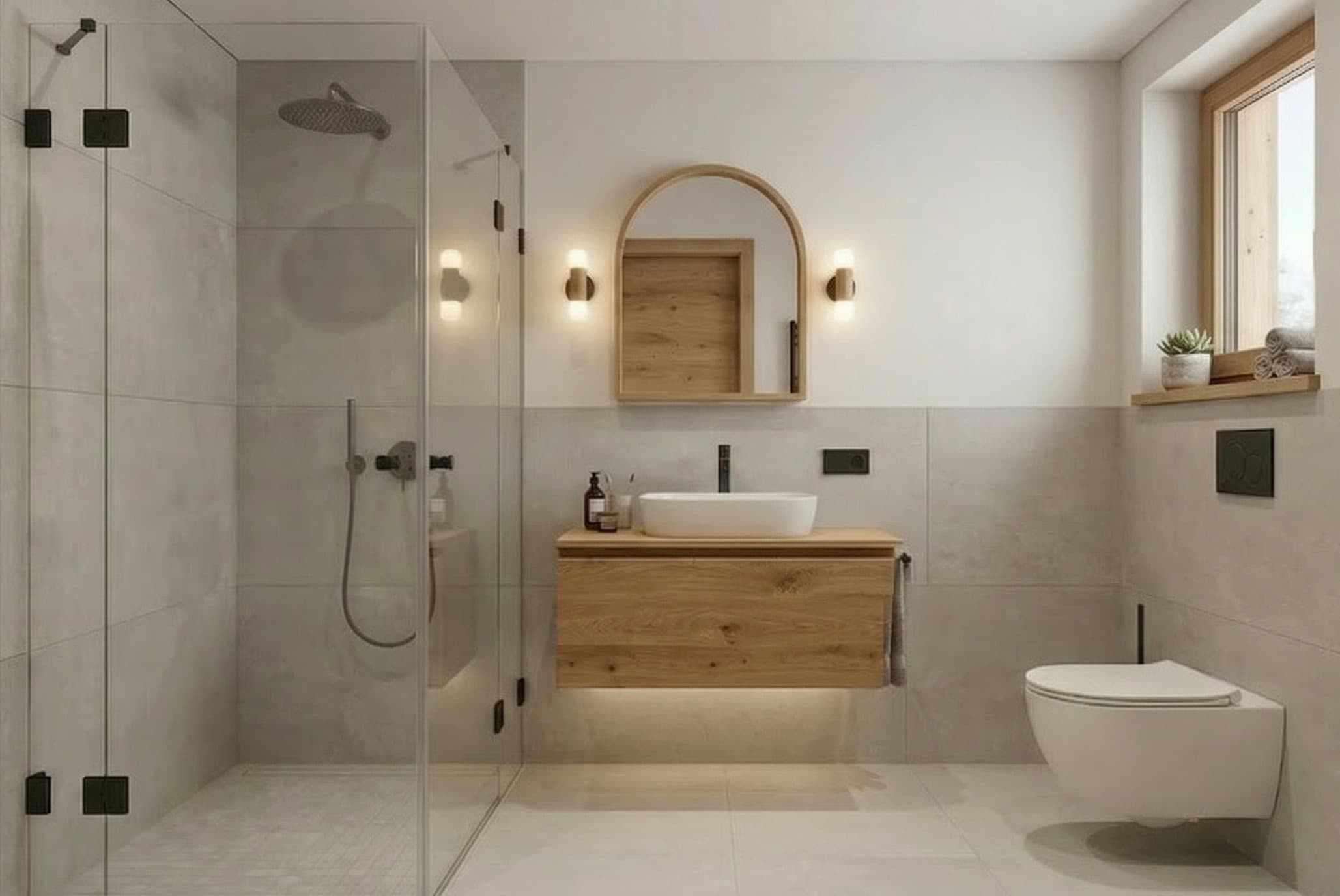 Interior rendering of a bathroom with wood and stone finishes